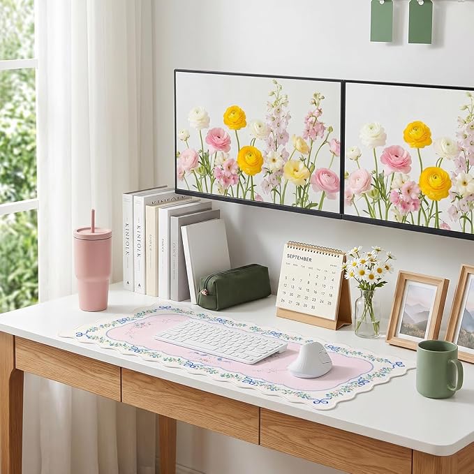 Shabby Chic Scalloped Desk Mat Pastel Blue Bow Pink Rose Floral Extended Gaming Mouse Pad Mat with Stitched Edge Non-Slip Base Big Mouse Pad Office Computer Keyboard Laptop Home 31.5"x15.7"