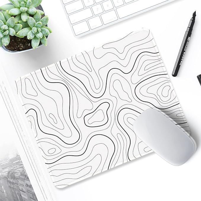 ITNRSIIET Mouse Pad with Stitched Edge Premium Textured Smooth Precise Operation Waterproof Washable Non-Slip Rubber Base Desktop Protection Mat, 10.2×8.3×0.12 inches, Topographic Contour White