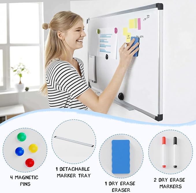 DUMOS White Board Dry Erase Kit, 48" x 24" Magnetic Board for Wall with 1 Dry Eraser & 2 Multicolor Markers & 4 Magnetic Pins, Silver Reinforced Aluminum Frame for Home, School, Office