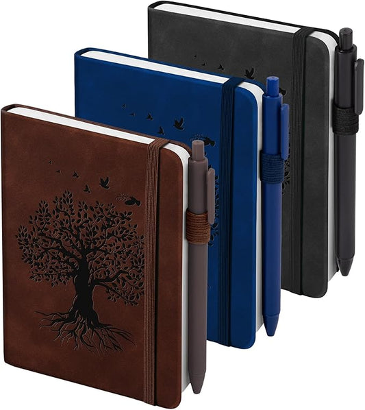 3 Pack Pocket Journaling Notebooks, A6 Small Notebook Total 360 Pages Journaling Notebooks For Note Taking Journals For Writing Mini Note Pads With Pen Holder 100 GSM Thick Paper( Brown,Blue,Black)