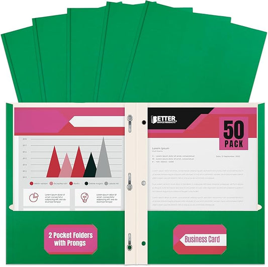 Better Office Products Green Paper 2 Pocket Folders with Prongs, 50 Pack, Matte Texture, Letter Size Paper Folders, 50 Pack, with 3 Metal Prong Fastener Clips, Green