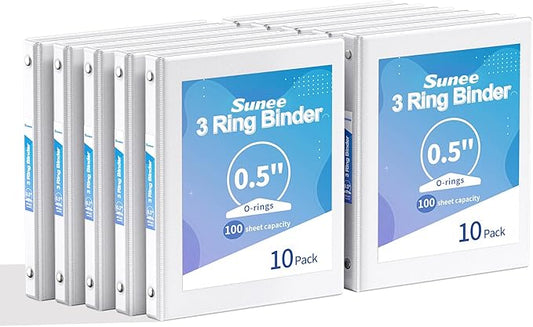 SUNEE 1/2 Inch Binders 3 Ring 10 Pack Bulk, PVC-Free Clear View Half Inch Binders (Fits 8.5x11 Inches) for School, Office & Home Use, White