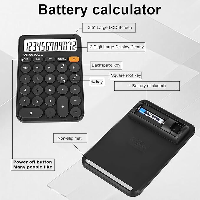 VEWINGL Standard Calculator, 12 Digit Large Display Desktop Calculator with Big Buttons for Office, School, Home & Business