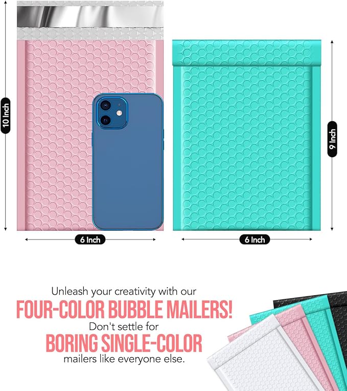 GSSUSA Bubble Mailer 6x10" Small Bubble Mailers 100 Pack Usable Size 6x9" Padded Envelope with Black & White & Sakura Pink & Teal, Cute Bubble Mailers Self-Seal Bubble Envelopes for Small Business.