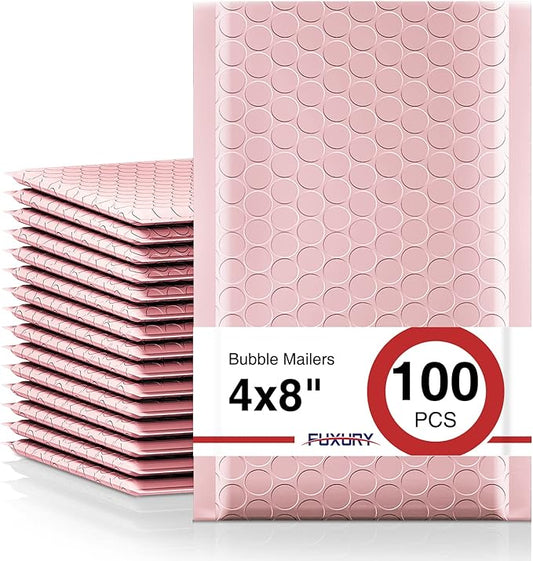 Fuxury Small Bubble Mailers 4x8" 100 Pack Light Pink Bubble Mailer Usable Size 4x7" Self Seal Padded Envelopes Mailing Envelopes Bubble Padded for Shipping