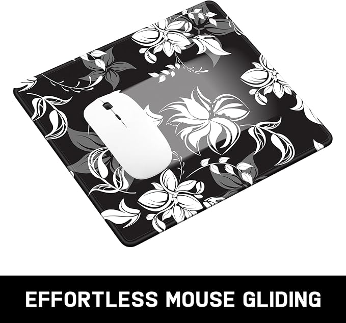 Mouse Pad, Minimalism Marble Style Computer Pad, Anti-Slip Rubber Mouse Mat with Stitched Edges for Gaming, Office, Laptop, PC, Women, 9" x 8" Thick 3 mm, Black Flower