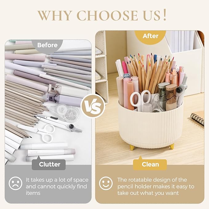 Pencil Pen Holder for Desk, 5 Slots 360 - Degree Rotating Desktop Organizer, Cute Desk Organizers and Accessories for School, Home, Office and Art Supply, Beige