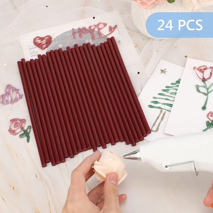 Manarty Wine Red Hot Glue Sticks, 24PCS Mini Size 0.27" Dia x 8" Long Hot Melt Glue Stick Colored, All Temperature Adhesive EVA Glue Sticks for Repairing Sealing Stamp DIY Art Craft Decoration