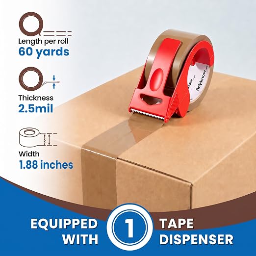 Heavy Duty Brown Packing Tape with Dispenser 1.88 In x 60 Yds 6 Rolls | Strong Adhesive Packaging Tape, Shipping Tape for Moving Boxes, Ideal For Carton Sealing/Shipping/Mailing/Storage