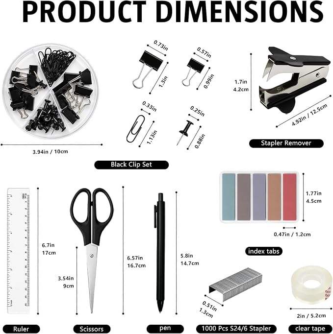 Black Office Supplies Set, Office Desk Accessories with Desk Organizer, Tape Dispenser, Stapler, Clips, Ruler, Scissors, Pen, Tape, Sticky Notes, Desktop Organizer for Back to School Supplies