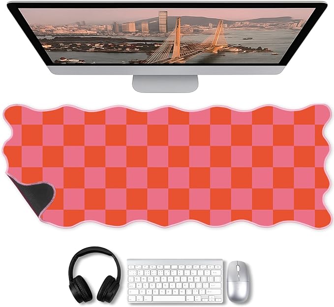 1 Pcs Pink Orange Scalloped Checkered Desk Mat 31.5 x 11.8 Large Cute Mouse Pad Computer Mat Non Slip Waterproof Rubber Base with Border Stitching Soft Keyboard Pad for Home Office Game Makeup