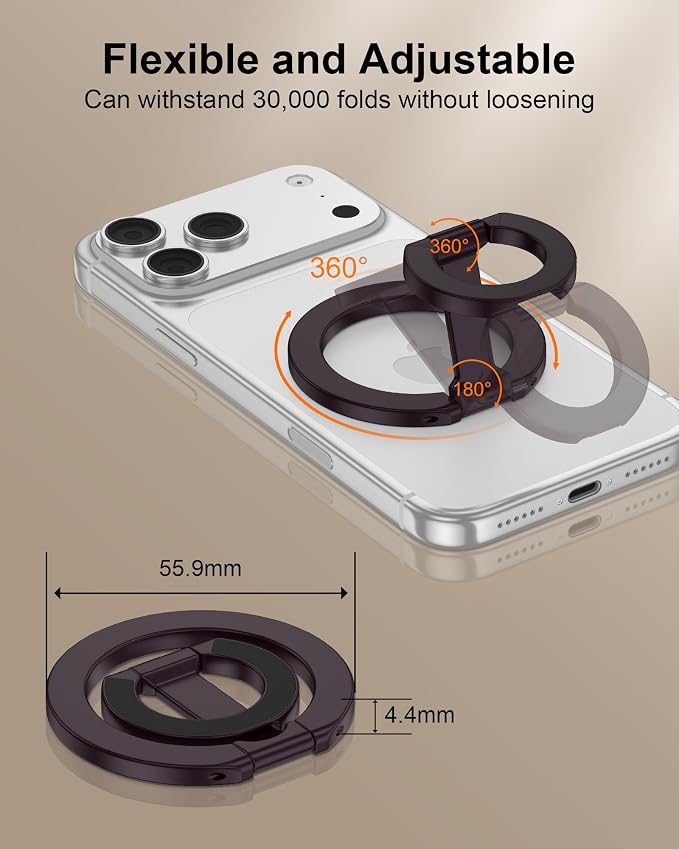MagSafe Finger Ring Phone Holder with Kickstand Dual-Sided Magnet Gym Grip | for iPhone 17e/17 Pro Max/Air/16e/16 Plus/15/14/13/12 Samsung Galaxy & Pixel, Stick-On for MagSafe Car Mount, Metal Surfaces