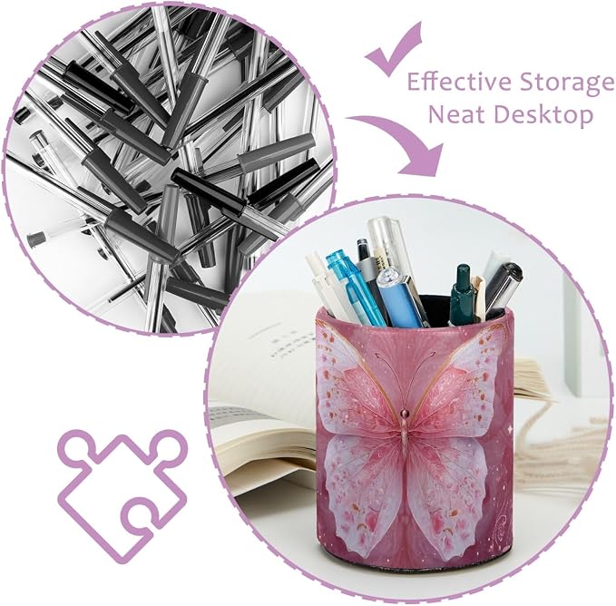 Leather Pen Holder for Desk, Pink Butterfly Pencil Cup Pen Organizer Makeup Brush Holder for Office Home Kids Countertop Desk Accessory Storage