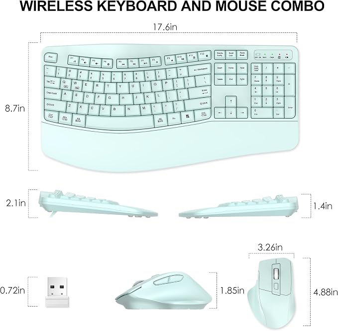 Wireless Keyboard and Mouse Combo, 2.4G Ergonomic Wave Key(Mint Green) | Full Size Wave Keyboard with Wrist Rest, 3-Level DPI Adjustable Ergonomic Mouse for Windows and Mac OS Desktop/Laptop/PC