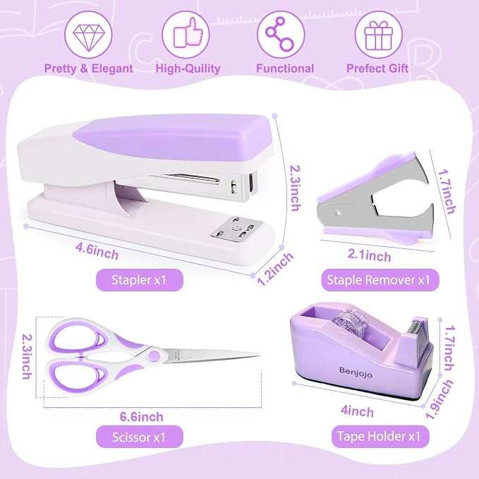 Purple Desk Accessories Set for Women, Stapler and Tape Dispenser Set with Scissor, Staple Remover, Clips & Tabs, Cute Office Supplies Kit for Desk Organization, School, Home & Office, Gift Idea