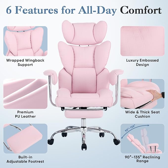 DUMOS Big and Tall Home Office Desk Chair, Executive Chair with Footrest | Scratch-Resistant PU Leather, Ergonomic Reclining, Pocket Spring Support, 400 LBS Weight Capacity, Pink