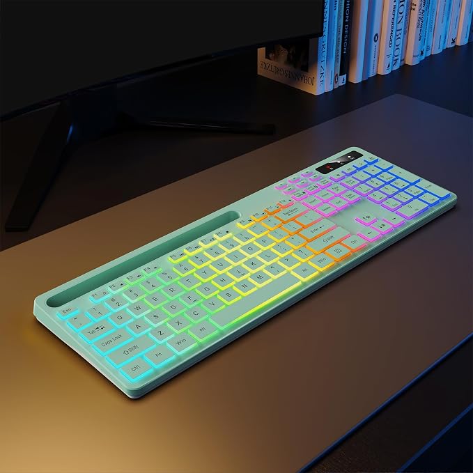 Wireless Keyboard with 7-Color RGB Backlit, Soueto Full-Size Computer Keyboard with Phone Tablet Holder, 2.4G Rechargeable Gaming Keyboard with Light Up Keys, Compatible with Mac, Windows (Mint Green)