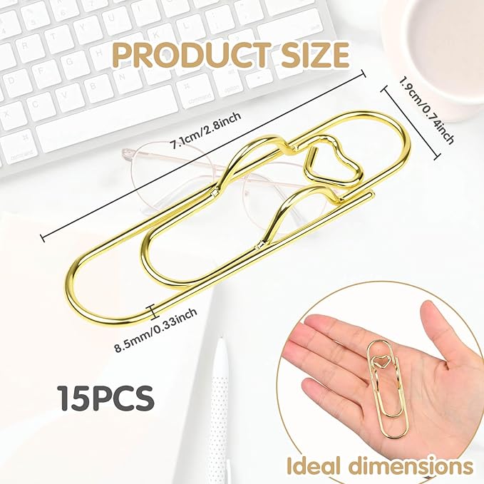 Paperclip Pen Holder for Notebook, 15Pcs Colorful Metal Pen Clip | Multi Function Large Heart Paper Clips Bookmark, Planner Accessories, Journaling Supplies for Office, School Stationery