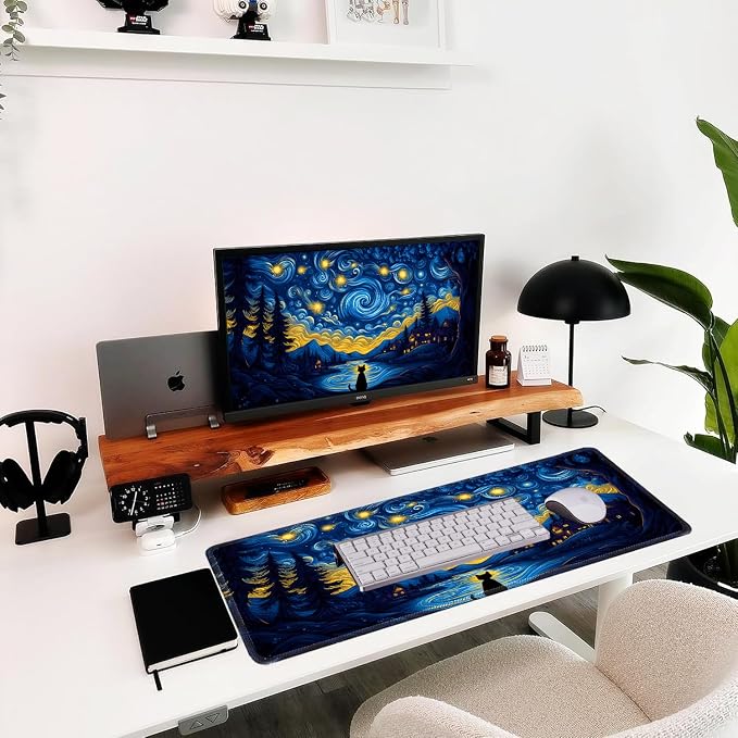 Van Gogh Cat Mouse Pad, Large Gaming Starry Night Desk Mat | 31.5x11.8in, Micro-Woven Cloth Surface, Non-Slip Rubber Base, Machine Washable, For Office & Home