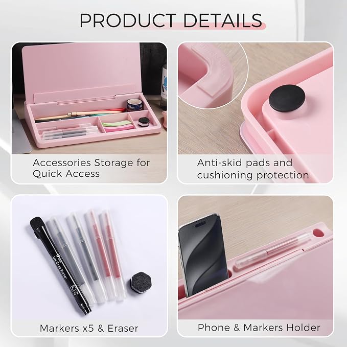 TOWON Compact Glass Desktop Whiteboard with Storage 12x7 in, Pink | Aesthetic dry erase surface, 5 markers, eraser and holder included, for the office, home or school desk