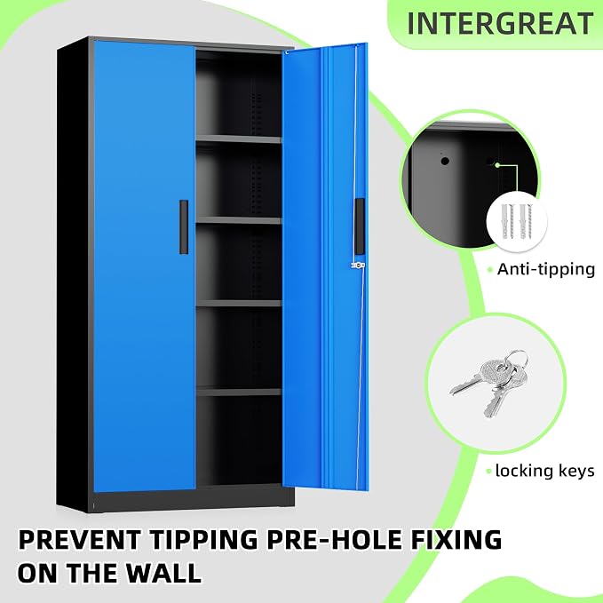 Metal Storage Cabinet, 72" Locking Steel Cabinets with 2 Door and 4 Adjustable Shelves, Tall Metal Cabinet for Home Office, Garage, Warehouse, Black+Blue