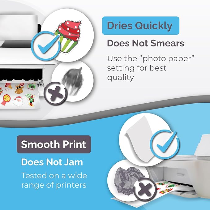 Premium Printable Vinyl Sticker Paper for Inkjet & Laser Printer - 56 Sheets - Glossy White - Self-Adhesive Waterproof Sheets - Dries Quickly & Vivid Colors - Holds Ink Well - Tear Resistant