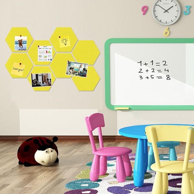 Large Hexagon Felt Cork Board Tiles, Self Adhesive DIY Felt Bulletin Board Pin Board with 35 Pushpins for Office School Home Wall Decor Stickers Memos Photos Display(Yellow)