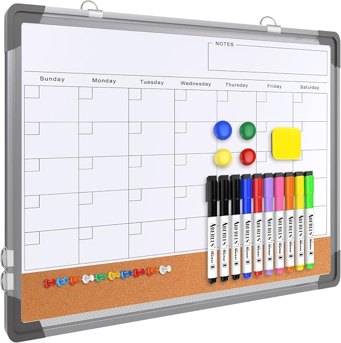 Monthly Calendar Whiteboard for Wall, Dry Erase Board with Cork Board Combo | 17"x13" Small Magnetic White Board, Double-Sided Hanging Board for Office Home, Portable Board for Planner Memo
