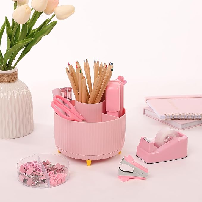 SKYDUE Pink Desk Accessories 11Pcs with Rotating Pen Holder for Desk | Included Stapler with Staples, Staple Remover, Tape Dispenser,2pcs Tape Refills, Binder Paper Clips Kit, Scissor, 2pcs Pens