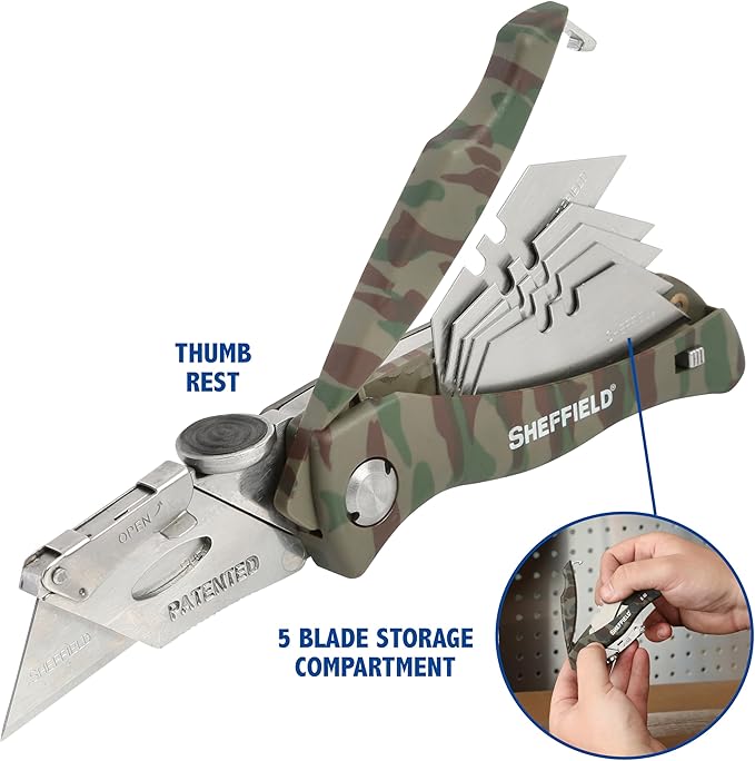 Sheffield Folding Utility Knife, Accepts Standard Utility Knife Blades, Box Cutter, Razor Blades Included, For Home, Office, Trades, and Warehouse