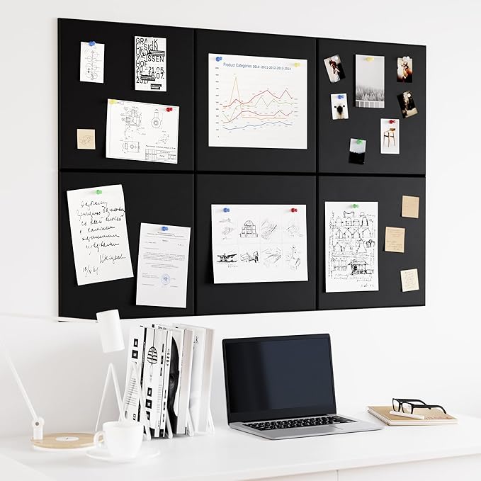 Large Cork Board for Wall, Black Felt Bulletin Board with Pushpins, 36" x 24" 6 Panels Wall Tiles, Tack Push Pin Boards for Office