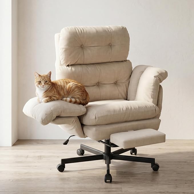 Criss Cross Office Chair with Foot Rest, Big and Tall Office Desk Chair with Flip Armrests for Pets & Cross Legged Sitting, Comfy Executive Ergonomic Reclining Computer Gaming Vanity Chair, White