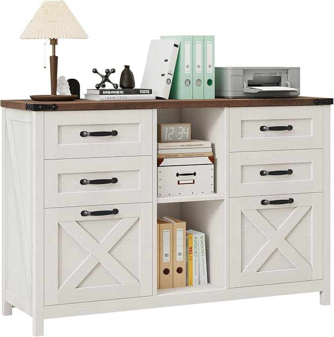 Halitaa Farmhouse Lateral File Cabinet with 6 Drawers, White and Brown | Lateral Filing Cabinet for Letter/A4 Size Hanging File, Wood File Storage Cabinet Printer Stand for Home Office Cabinet