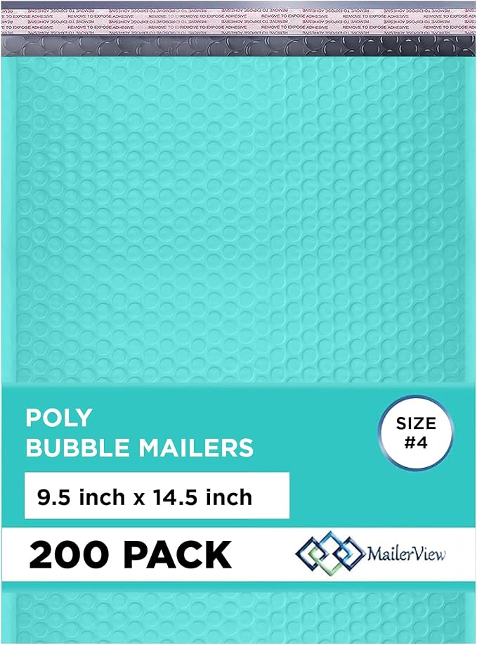 Teal Bubble Mailers 9.5x14.5, Self Seal Poly Padded Envelopes #4, 200 Pack | Fits Books & Magazines, No Tape Needed, Cushioned Protection, Water-Resistant Poly, Bulk Pack for Small Business