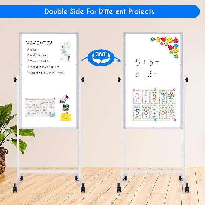 Maxtek Rolling White Board 48 x 24in,Height Adjustable Whiteboard on Wheels | Mobile Easel Large Magnetic Portable Double-Sided Dry Erase Board with Stand for Classroom, Home, School, Office and Teachers