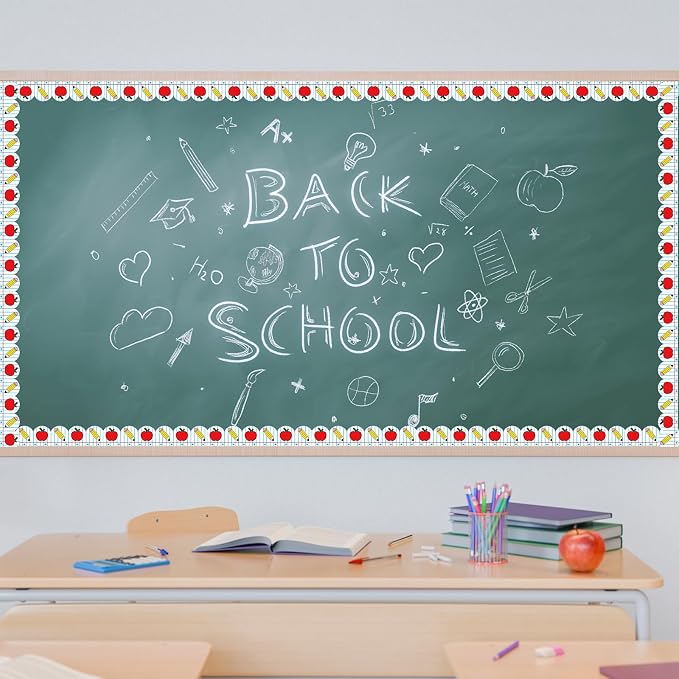 Whaline 32.8 Ft Apples Pencil Bulletin Board Border Back to School Decor | Notebook Border Trim, Self Adhesive Bulletin Board Stickers Roll, for Classroom Office Party Wall Decor