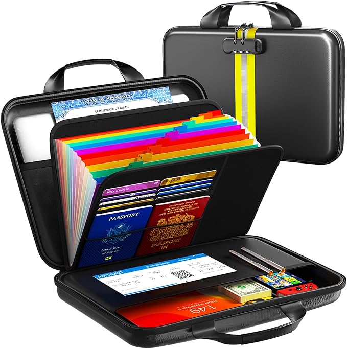 Fireproof Accordion File Organizer with Lock,Hard-Shell Fireproof Document Box with 13 Pockets for Certificates, Passports Laptop Important Documents Portable Home Office Travel Safe Storage