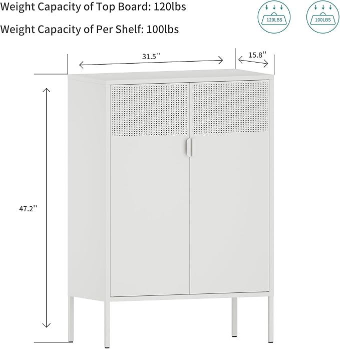 Chshin Metal Storage Cabinet,Kitchen Pantry Storage Cabinets with Doors,Buffet Cabinet with 2 Adjustable Shelves,White Pantry Cabinets,Steel Sideboard for Home,Shoes,Office,Dining Room