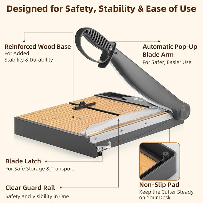 Firbon 12-Inch Wood Base Guillotine Paper Cutter, Heavy Duty 30-Sheet Capacity Precision Paper Trimmer for Cardstock, Photos, A4 Paper, Office & Classroom