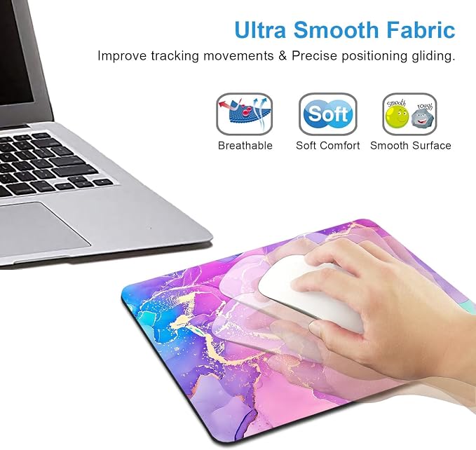 Purple Pink Blue Marble Mouse Pad, Liquid Gold Paint Marble Mouse Pads, Modern Mousepad Design, Colorful Small Mouse Mat for Women Girls Computer Laptop Office, 9.5 X 7.9 Inch