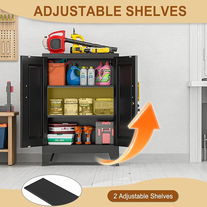 36" Metal File Garage Storage Cabinet with Lock,Lockable Office File Cabinet with 2 Doors and 2 Adjustable Shelves,Outdoor Steel Locker Organizer for Home Office,Gym,School,Warehouse(Black)