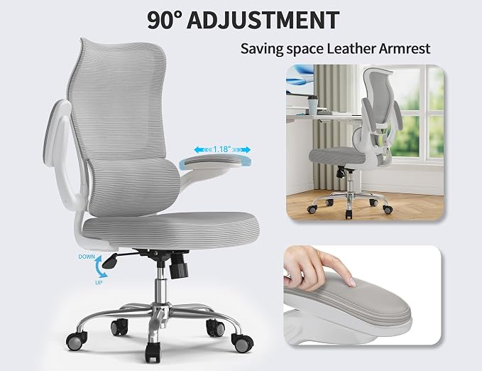 TRALT Office Chair Ergonomic Desk Chair - Gaming Chair with Lumbar Support | 330 LBS Home Office Desk Chairs , Reading Chair with Flip-up Armrests, Comfortable Computer Chairs (1, Grey)