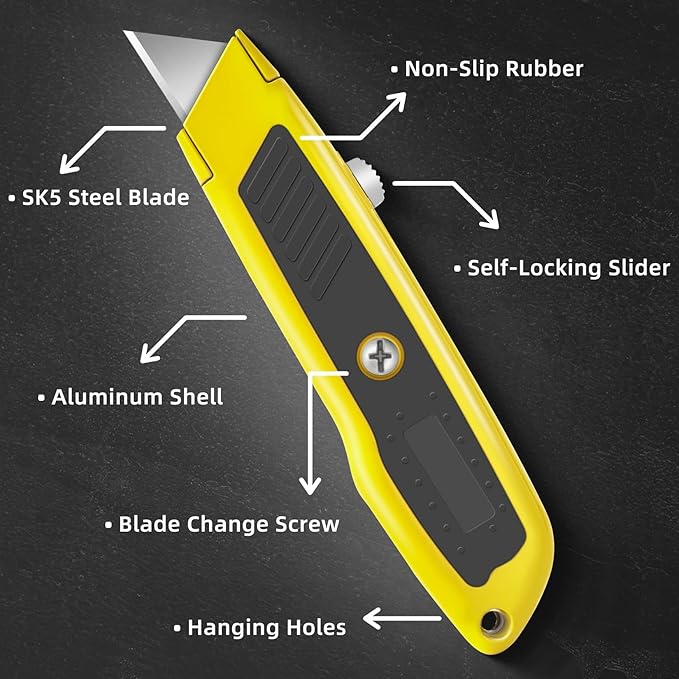 DIYSELF 2 Pack Box Cutters, Razor Knife Utility Cardboard Cutter, Heavy Duty Utility Knife Retractable, Secure Locking, Aluminum Box Cutter Shell, for Home, Office, School, Warehouse (Yellow)