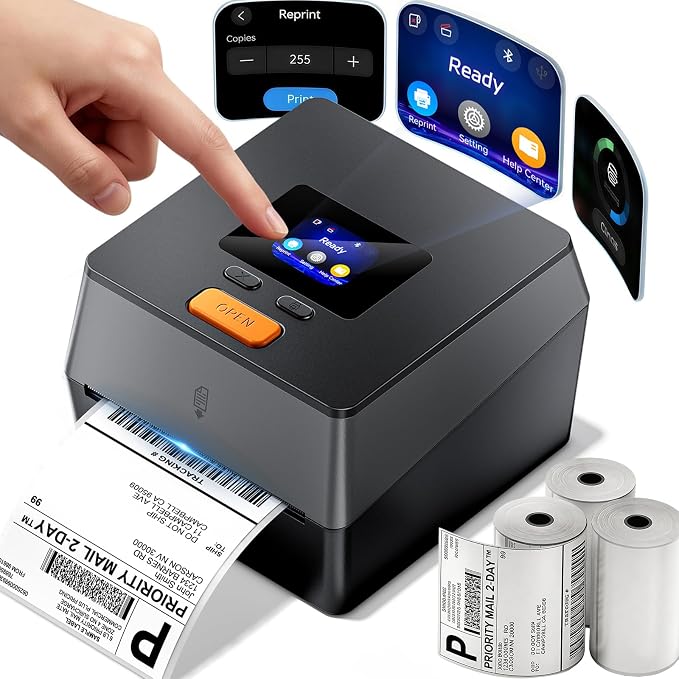 Phomemo Shipping Label Printer with Touchable Screen & 3 Roll Labels | D420D Thermal Printer 4x6 with Built-in Label Bin, Thermal Label Printers Come with 750PCS 4x6‬ Labels (250 Labels/Roll)