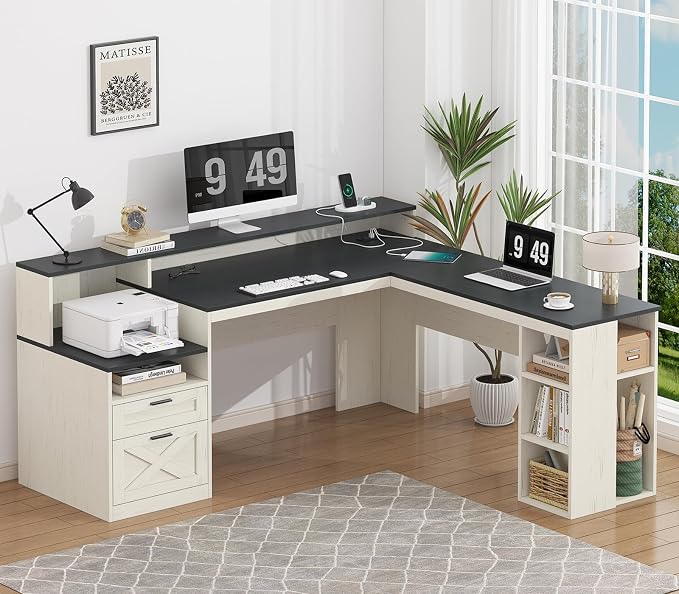 63" Farmhouse L Shaped Desk with Drawers & Storage Shelves for Home Office | Corner Desk with Outlets & LED Lights, L-Shaped Office Desks with File Drawer, Printer Shelf, Monitor Stand, Black & White