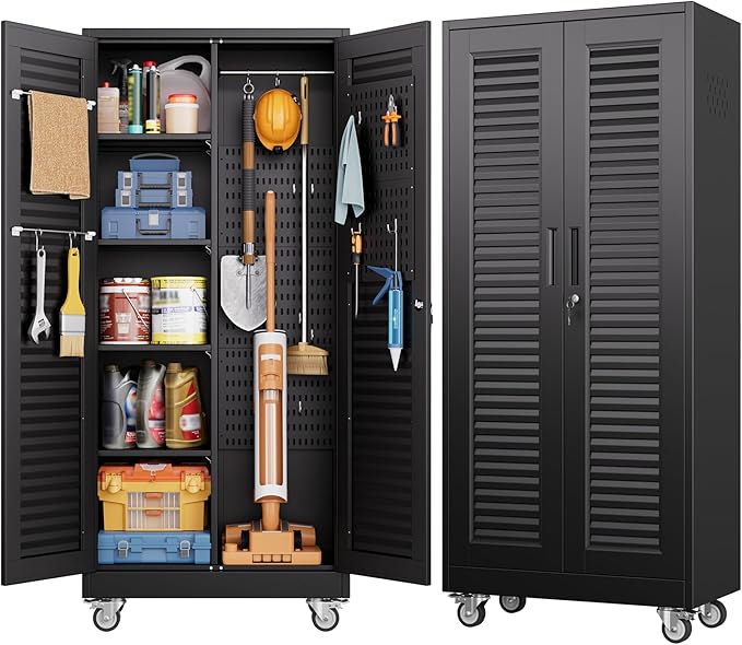 Aobabo Lockable Metal Storage Cabinet with 4 Adjuatable Shelves,Garage Storage Cabinet with Wheels and 5 Remove Pegboard,Required Assembly,Black,70.87''H*31.5''W*15.75''D