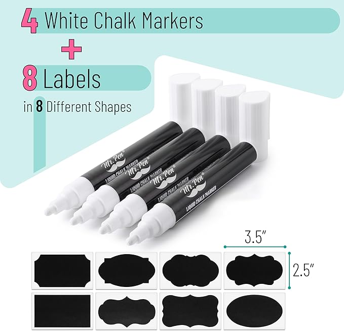 Mr. Pen- White Chalk Markers for Blackboard, 8 Pack, Reversible Tip, White Liquid Chalk Marker, Non-Toxic Liquid Chalkboard for Windows and Glass, Erasable Markers