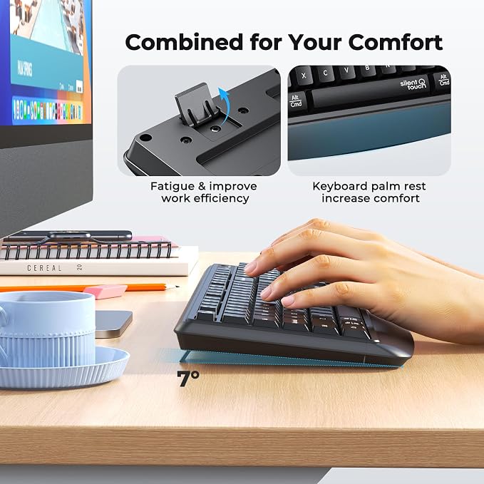 MEETION Wireless Keyboard Mouse Combo, Silent Full-Size Design, Black | Quiet keyboard with wireless optical mouse, adjustable DPI control, ideal for work, home use and multiple computer setups