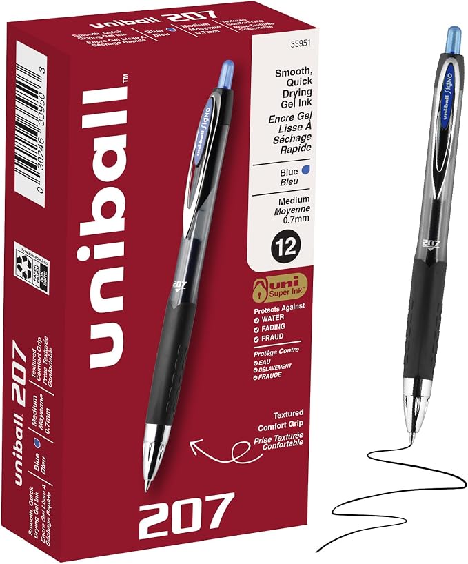 uniball™ 207 Gel Pens, Blue Ink, 0.7mm Medium Point, Retractable, 12 Count | Smooth Writing, Fraud-Resistant, uni Super Ink™