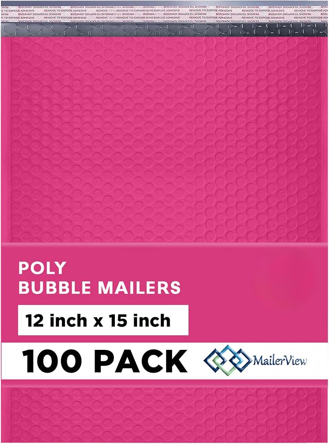 Hot Pink Bubble Mailers 12x15, Self Seal Poly Padded Envelopes, 100 Pack | Holds Clothing & Bulk Items, No Tape Needed, Cushioned Protection, Water-Resistant Poly, Bulk Pack for Small Business